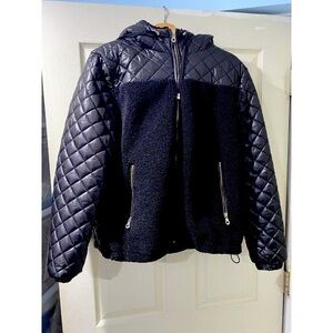 Kate Spade hooded mixed media black quilted jacket coat size Large